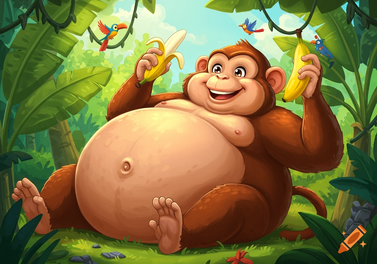 A fat cartoon monkey sits in a jungle, smiling and holding a banana in each hand, with colorful birds flying around.