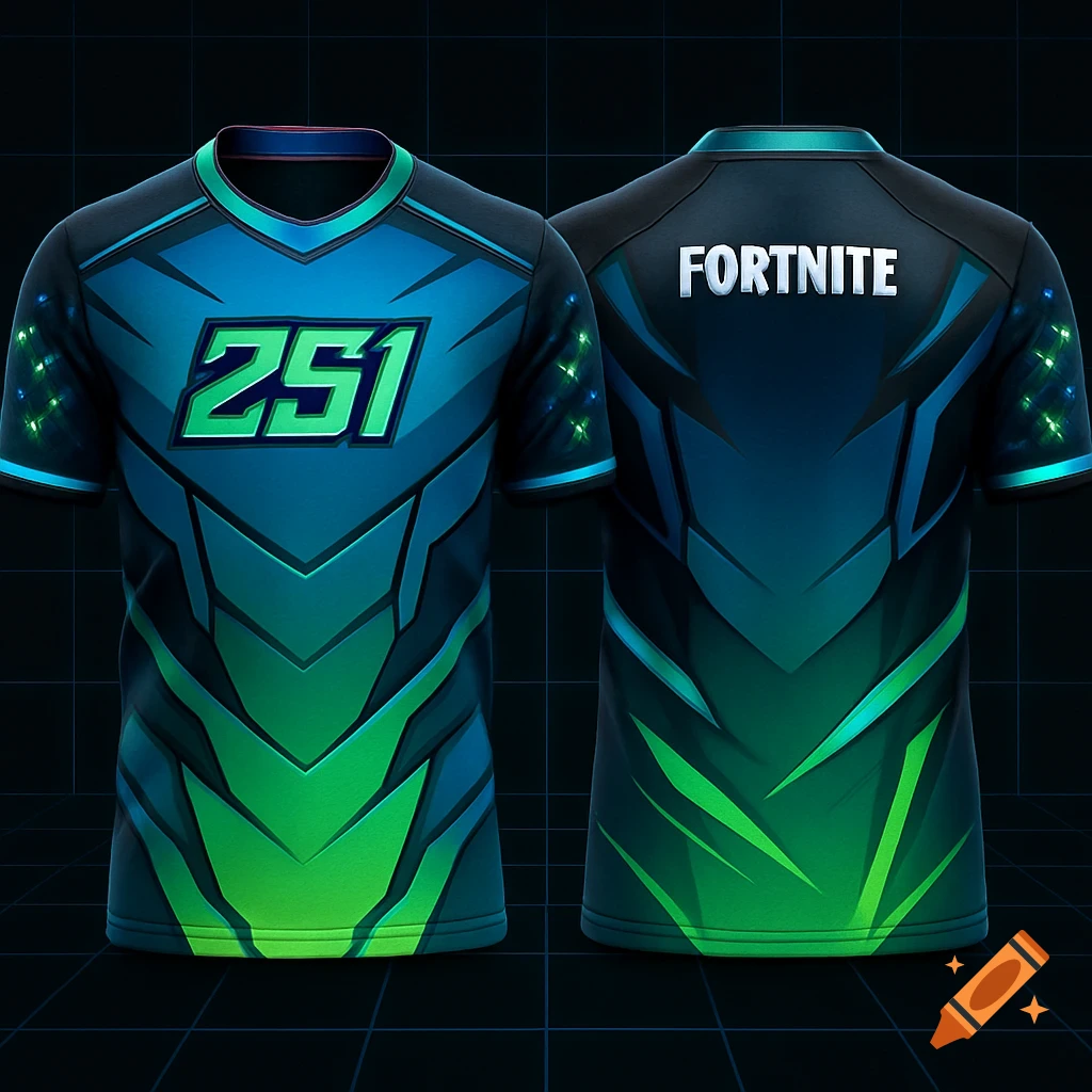 Front and back view of a blue and green gaming jersey with '251' on the front and 'FORTNITE' on the back.