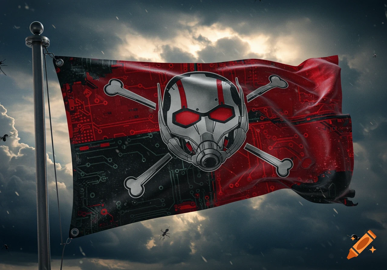 A red and black pirate flag featuring the Ant-Man helmet as the Jolly Roger, with circuit board patterns, flies under a stormy sky with ants.