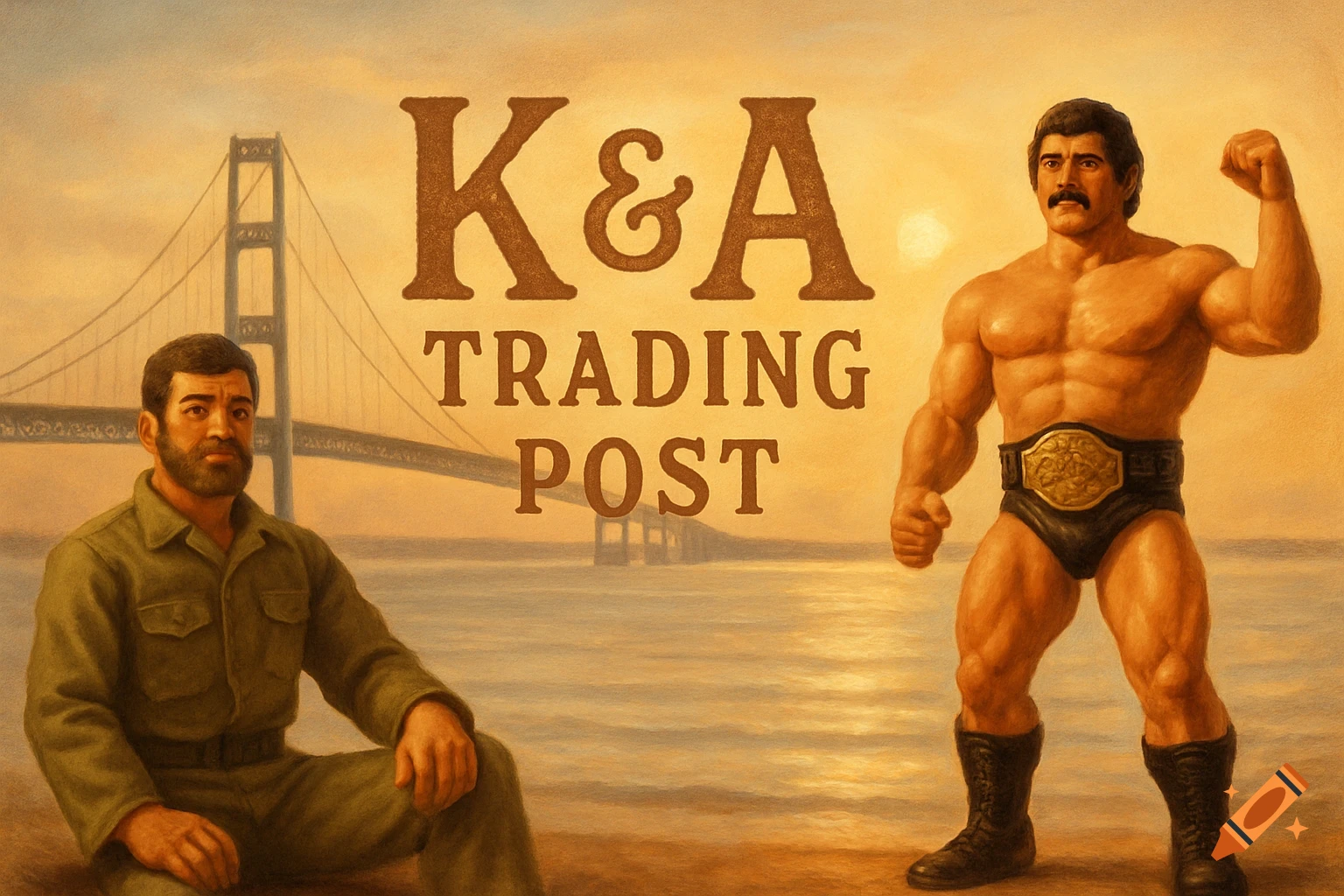 A painting of a man in military fatigues and a wrestler on a beach with the Golden Gate Bridge in the background. Text 'K&A TRADING POST' is in the sky.