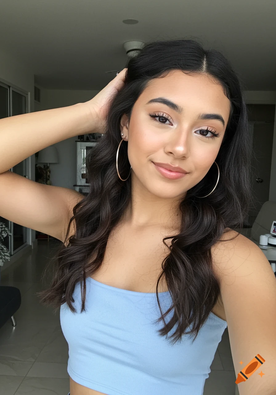 Selfie of a beautiful young Hispanic woman with long dark wavy hair, wearing a light blue crop top and hoop earrings, smiling faintly.