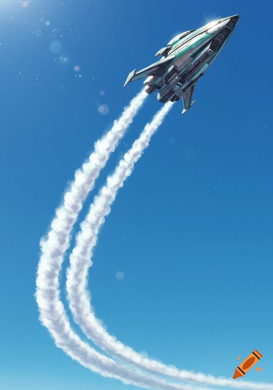 A futuristic spaceship flies upwards through a clear blue sky, leaving two long white trails.