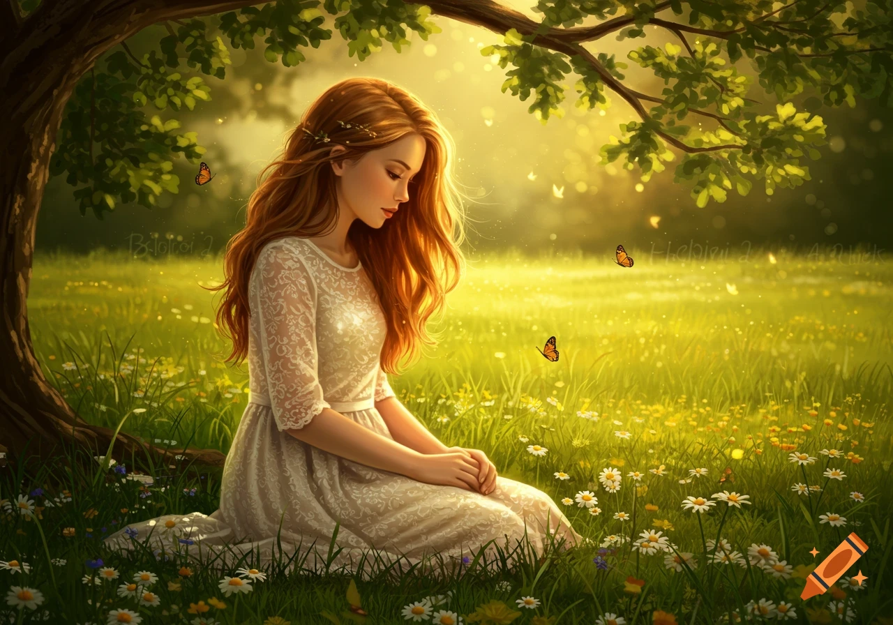 A young woman with long, red hair kneels in a sunlit meadow under a tree, surrounded by wildflowers and butterflies. Digital art.