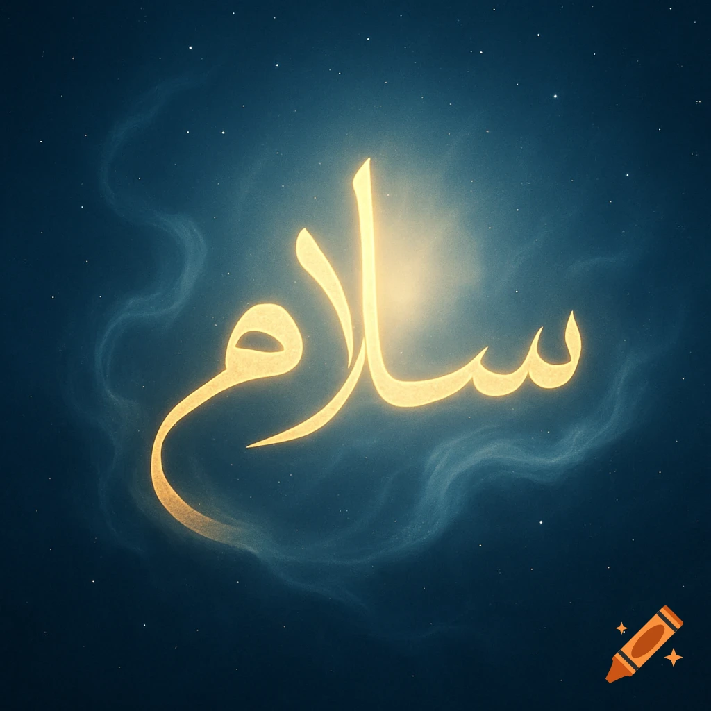 Glowing golden Arabic calligraphy for 'Salam' (peace) on a dark blue, starry, nebulous background.