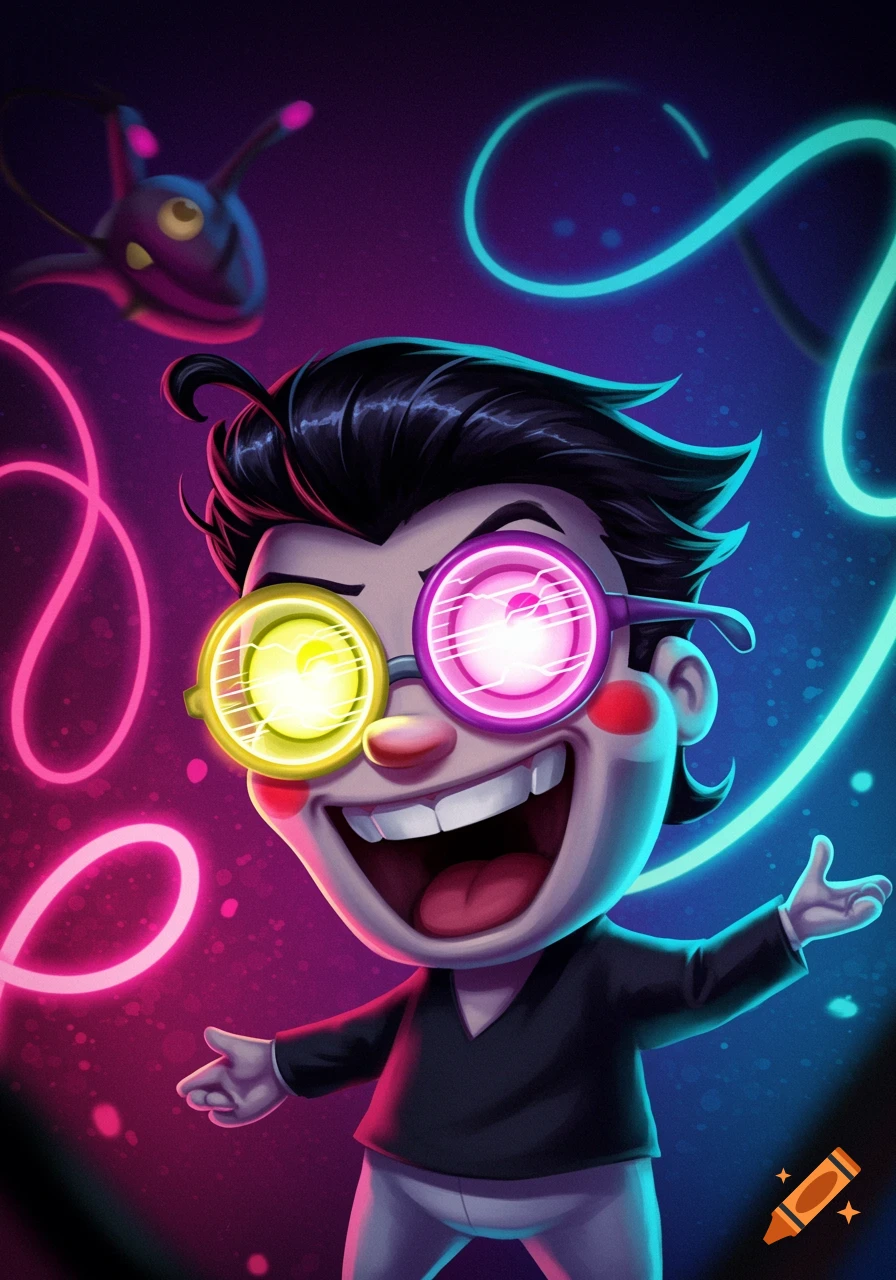 A vibrant cartoon character with glowing yellow and pink glasses, black hair, and an open-mouthed smile, with arms outstretched. Neon pink and blue lines swirl in the dark background, and a small purple creature floats in the upper left.