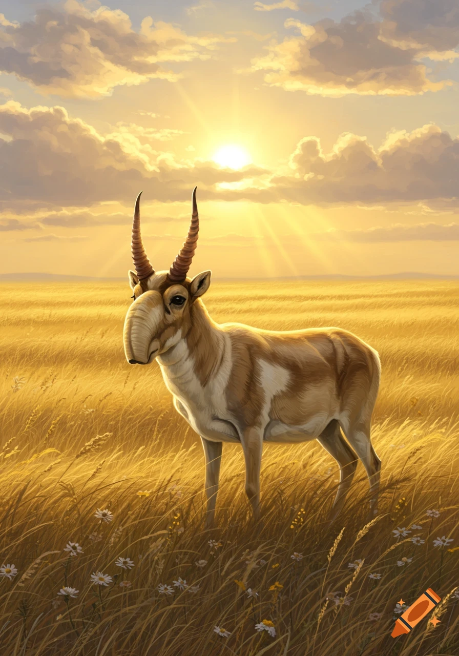 A Saiga antelope stands in a golden field under a radiant sunset sky.