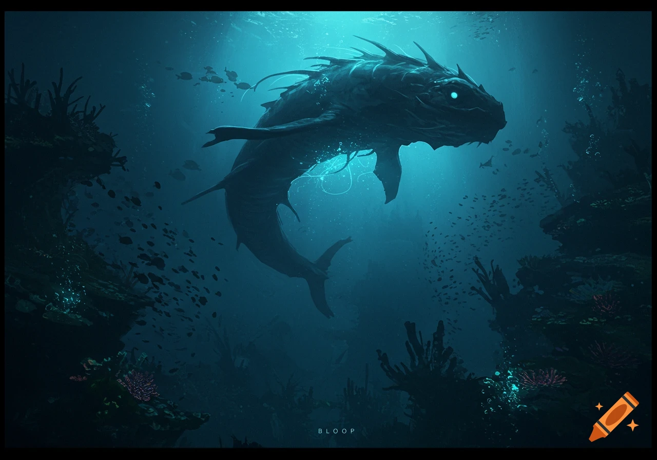 A large, dark fantasy creature with glowing eyes and spikes swims in a deep blue underwater environment among coral and schools of fish.