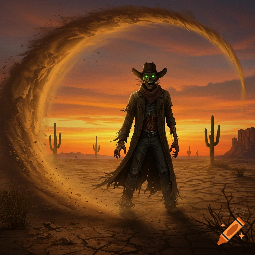 A zombie cowboy with glowing green eyes stands in a vast desert at sunset, with a swirl of sand around him and cacti.
