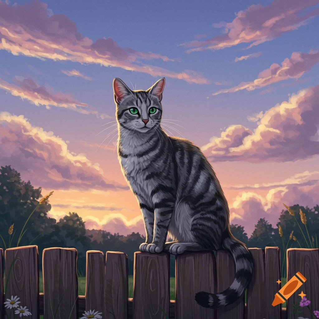 A grey tabby cat with green eyes sits on a wooden fence at sunset with colorful clouds in the sky.