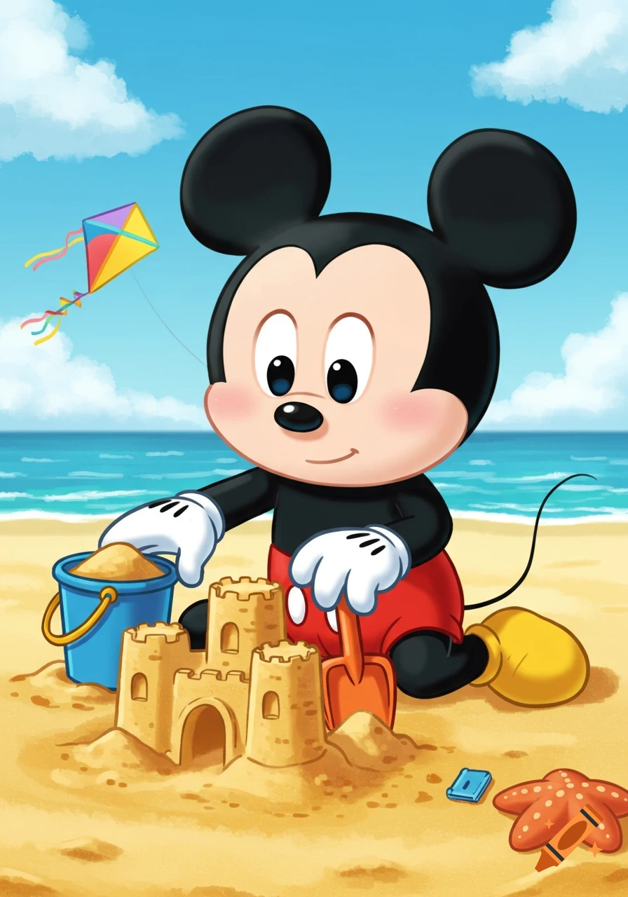 Kawaii-style Mickey Mouse on a sunny beach, smiling while building a sandcastle with a blue bucket and orange shovel, with a colorful kite flying above.