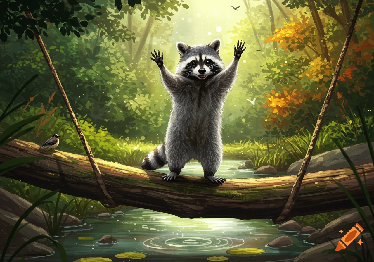 A raccoon standing on a log over a stream in a forest, arms raised in a waving gesture. A small bird is perched on the log.