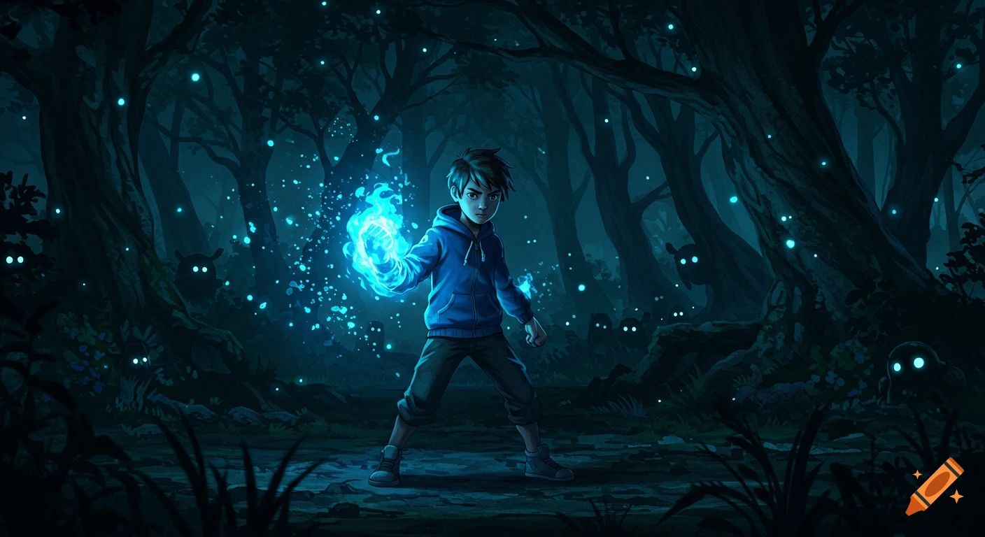 Anime-style boy with glowing blue fire in a dark, mystical forest with lurking creatures.