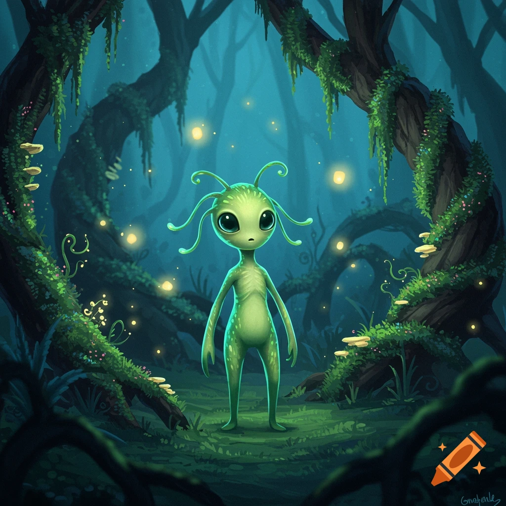 A cute, green, spindly alien with large eyes stands in a dark, bioluminescent forest with mossy trees.