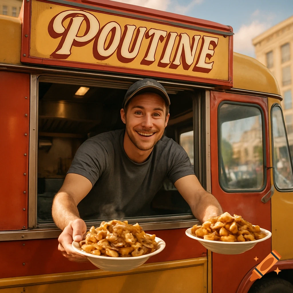 Man leaning out of a food truck holding two plates of poutine, with 'POUTINE' written on the banner. Photorealistic style.