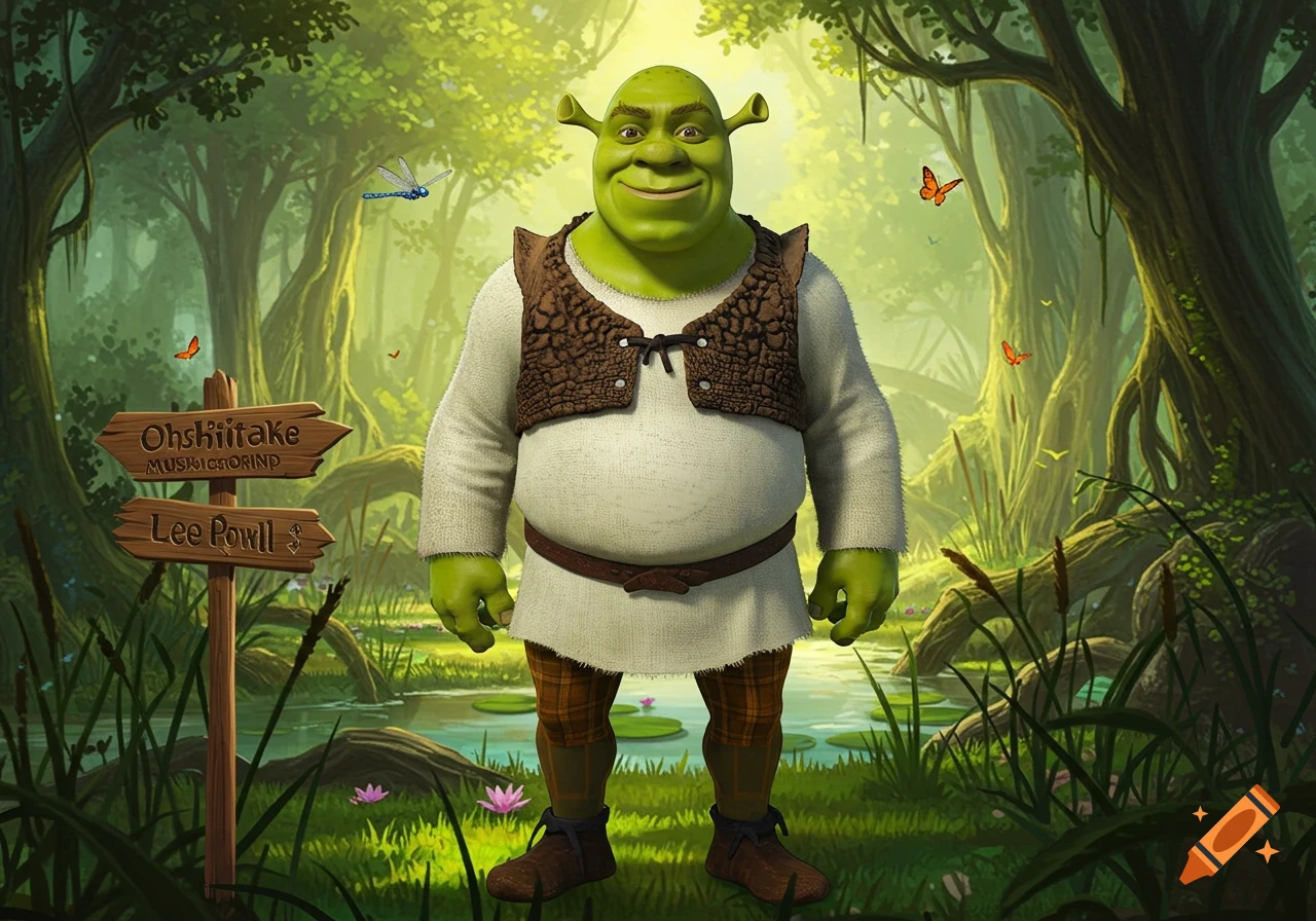 Shrek stands smiling in a vibrant green swamp with lily pads, trees, butterflies, and a wooden signpost.