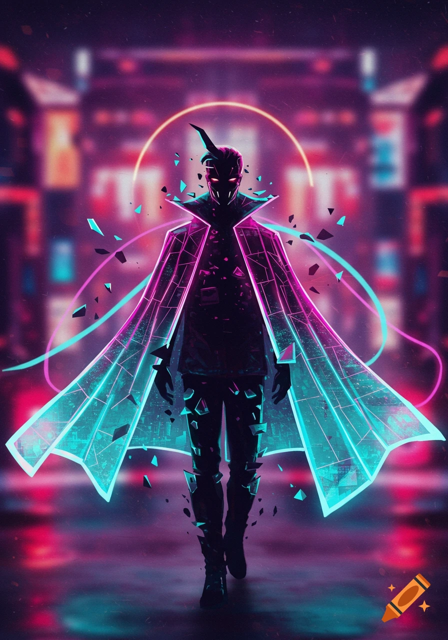 A stylized character with glowing red eyes and a fractured neon cape stands in a blurry cyberpunk city, rendered in a vibrant graphic art style.