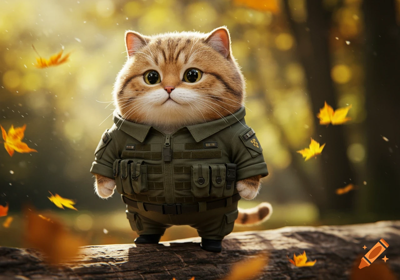 A cute, chubby tabby cat wearing a green tactical military uniform stands on a fallen log with autumn leaves falling around it.