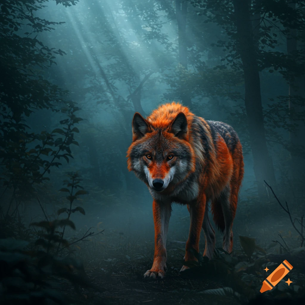 An orange and gray wolf stands in a misty, sunlit dark forest, looking forward.