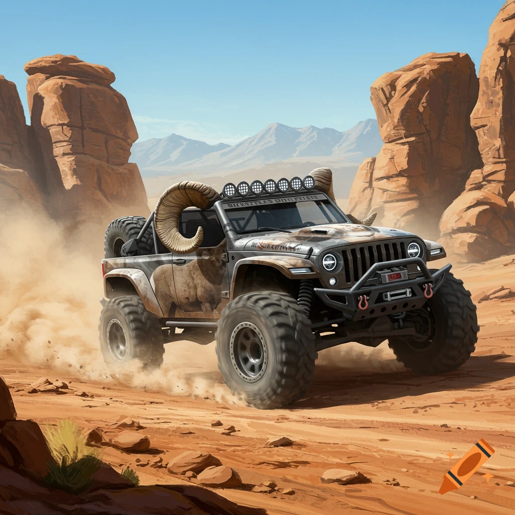 A rugged custom off-road vehicle with bighorn sheep horns and ram graphics drives through a dusty desert landscape.