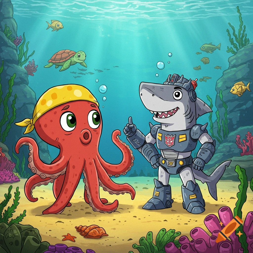 A cartoon red octopus in a yellow bandana and a grey shark in a robot suit stand on the ocean floor with marine life.