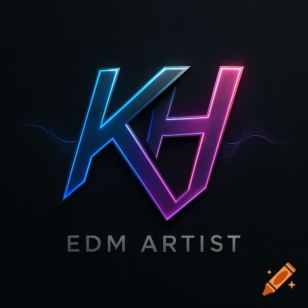 A stylized neon logo for an EDM artist, featuring interconnected letters 'KH' in blue and pink, above the words 'EDM ARTIST'.