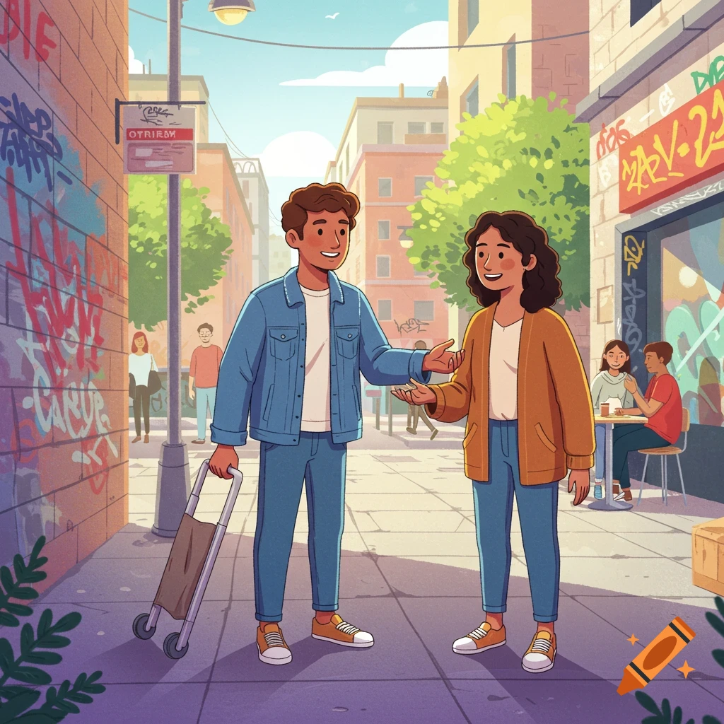A cartoon of two young people talking on a city street with graffiti, one pulling a cart, in a bright, sunny setting.
