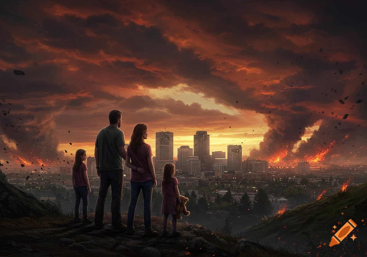 A family watches a city burn under a fiery, debris-filled apocalyptic sky.