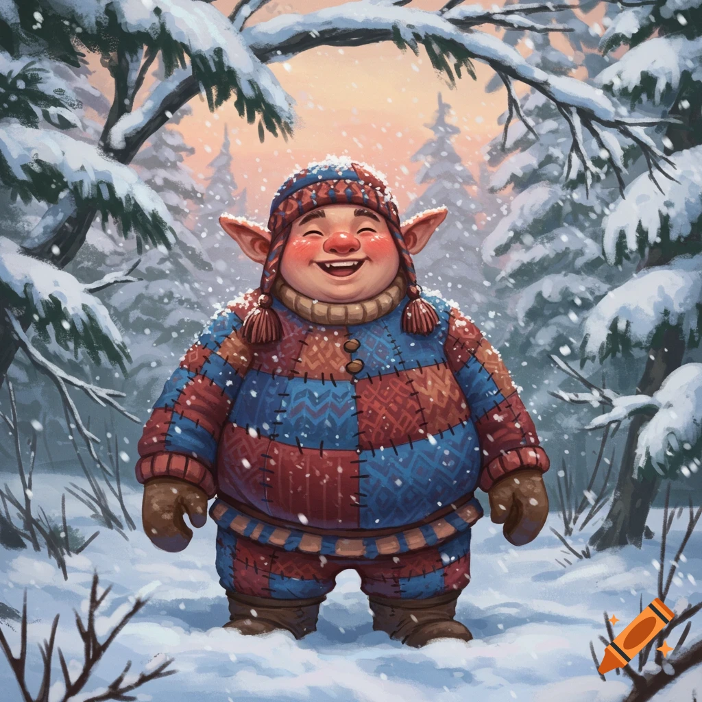 A cheerful, chubby fantasy creature with large ears in a colorful patchwork outfit stands in a snowy forest with falling snow.