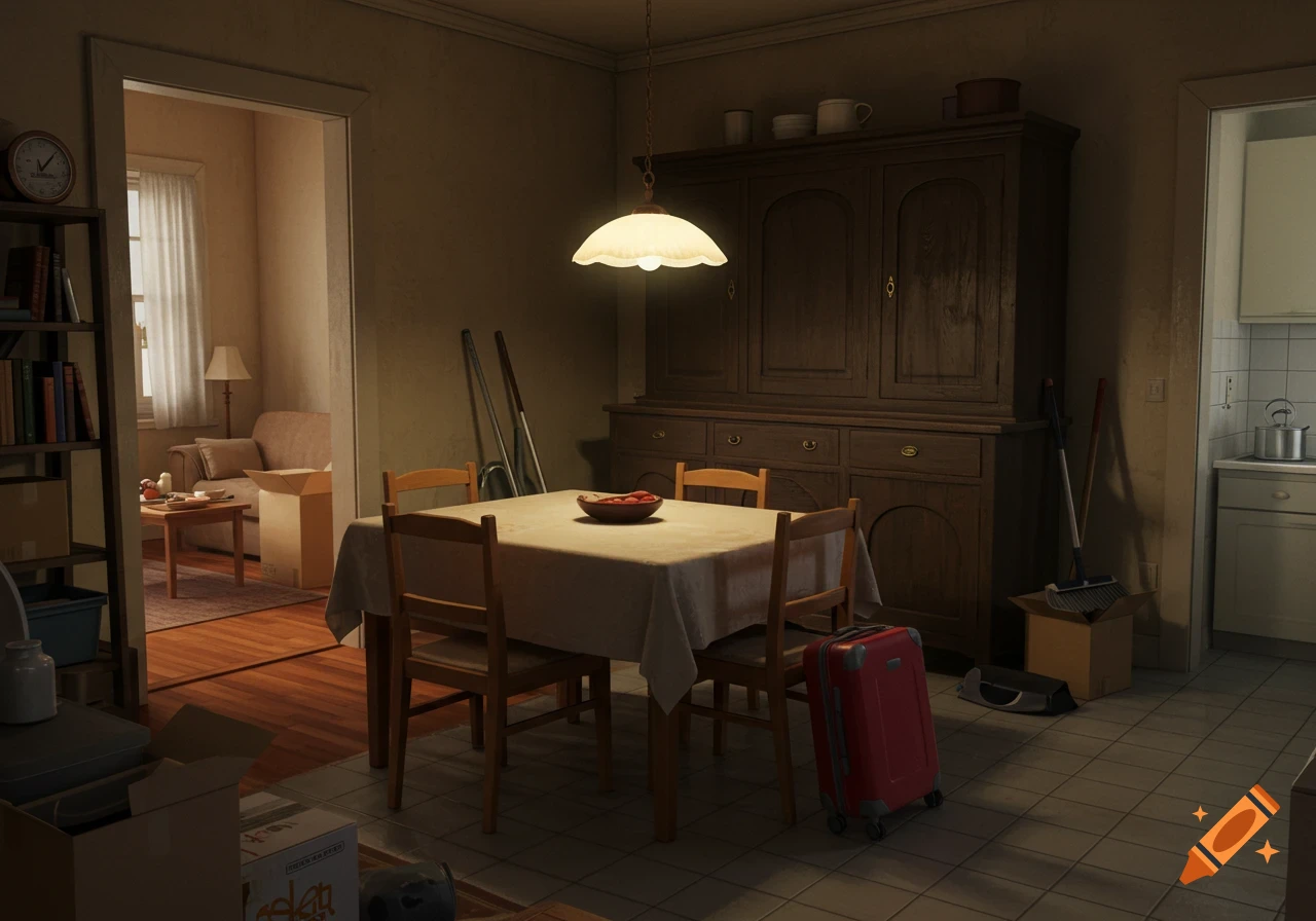 A photorealistic image of a dimly lit dining room in a house, with a dining table, a large wooden cabinet, a red suitcase, and moving boxes.