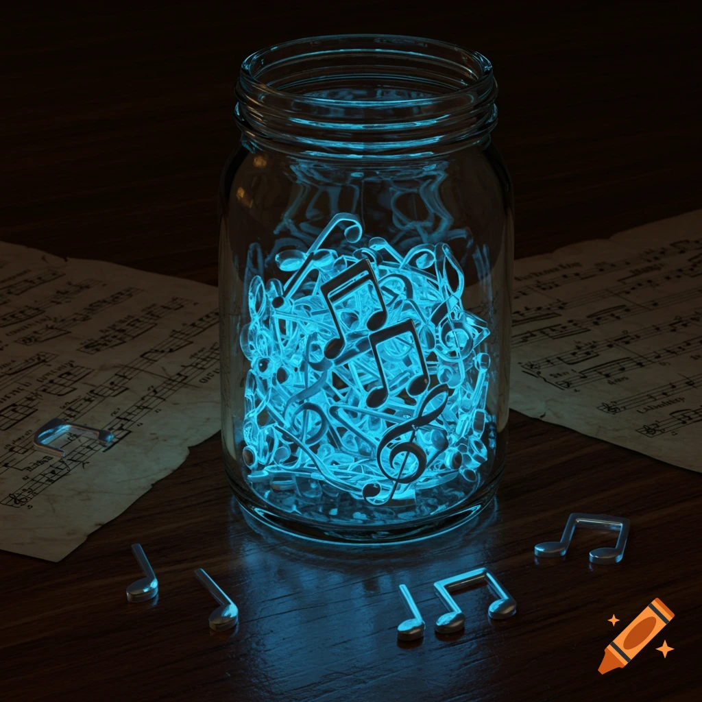 A glowing blue musical notes fill a glass jar, with some notes and old sheet music scattered on a dark wooden table.