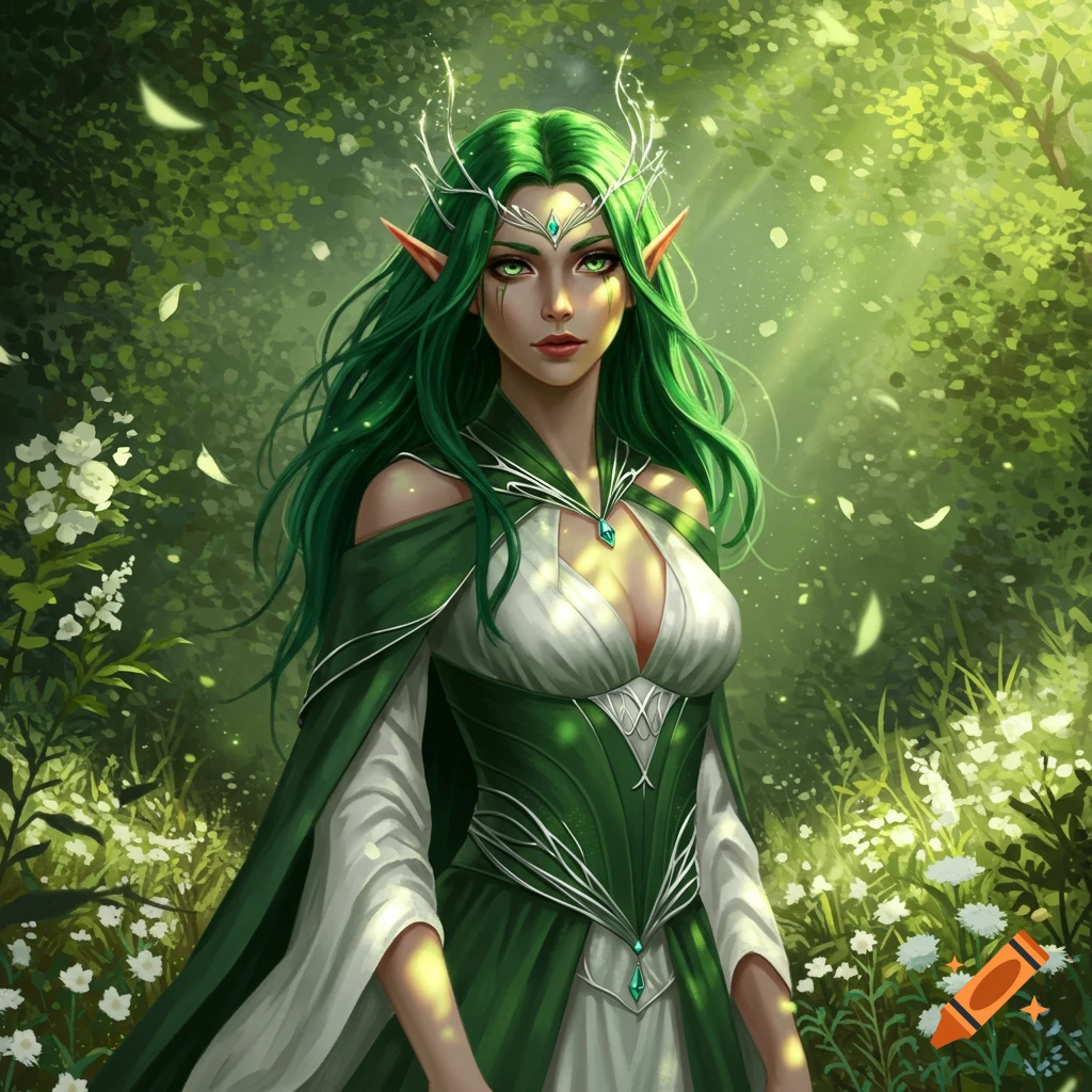 Detailed fantasy illustration of a green-haired elven woman in green and white attire, standing in a sunlit forest.