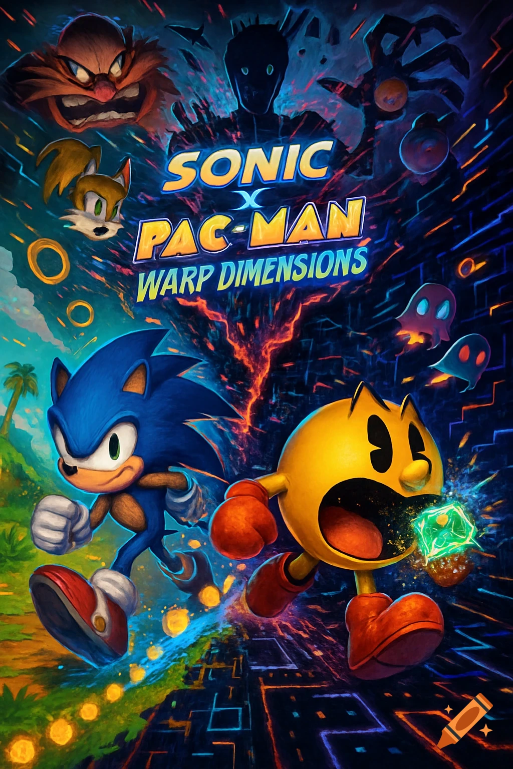 A vibrant video game poster featuring Sonic and Pac-Man leaping from a collapsing rift between their worlds, with foes like Eggman and Blinky above. Title reads 'Sonic x Pac-Man: Warp Dimensions'.