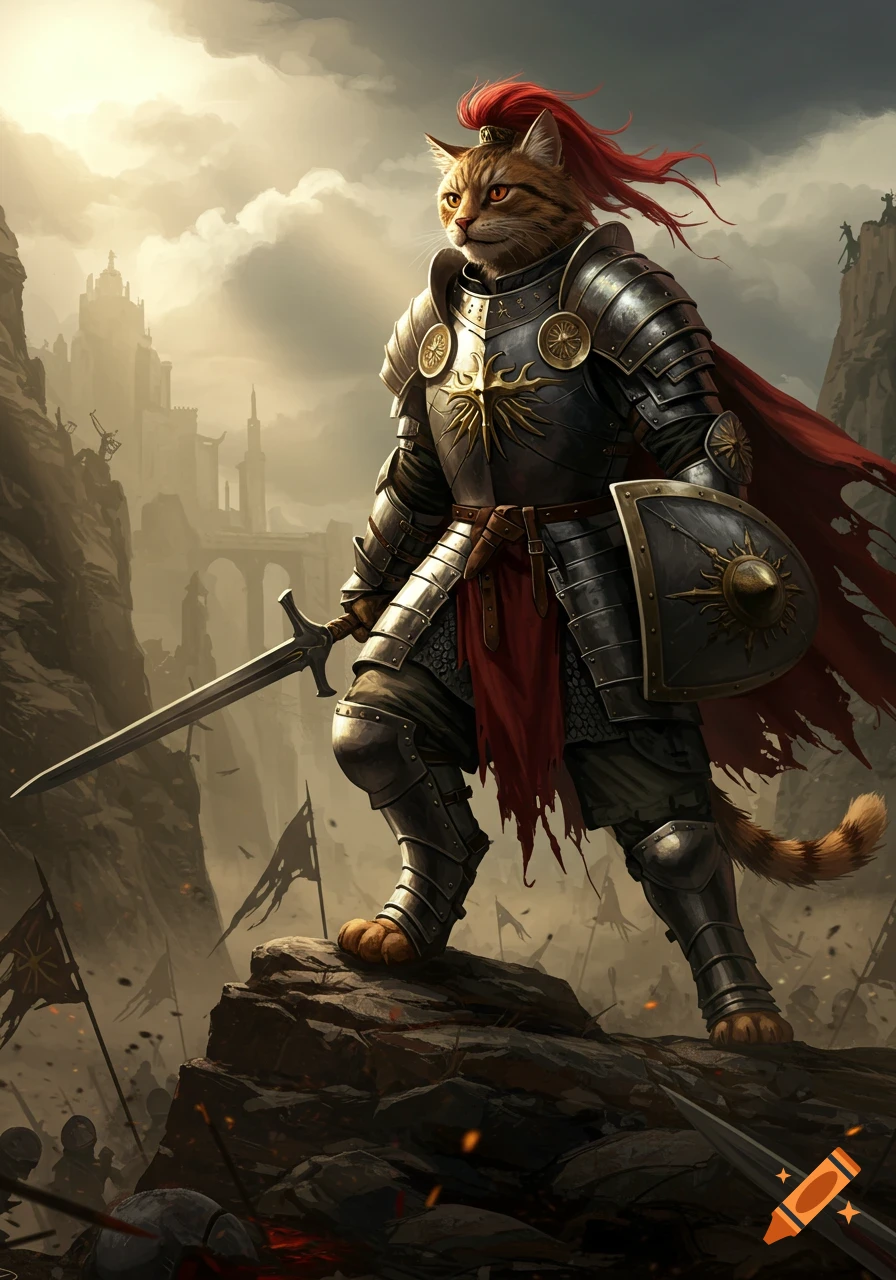 A majestic cat in full medieval armor, holding a sword and shield, stands on a rocky outcrop overlooking a war-torn landscape with a castle in the distance.