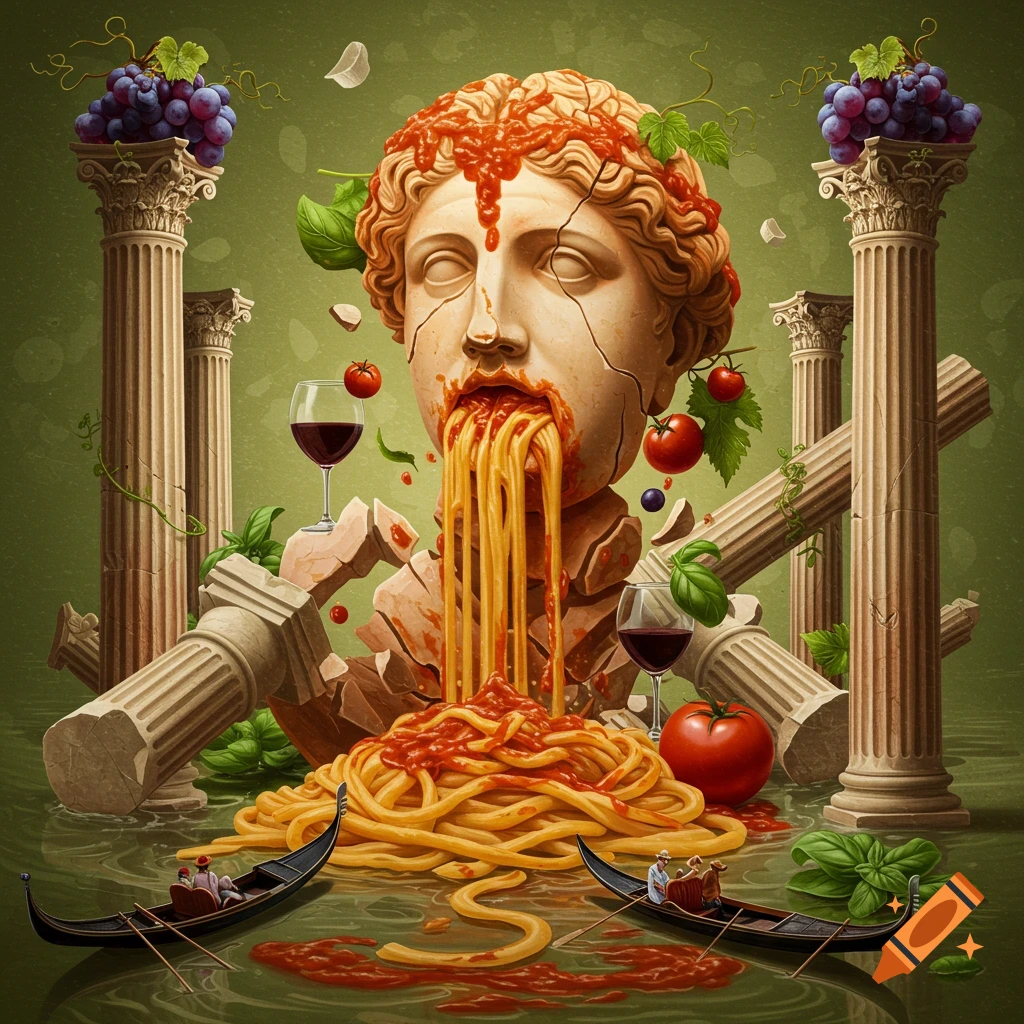 A surreal image of a broken classical statue head spewing spaghetti into a pool of sauce, surrounded by columns, grapes, tomatoes, and gondolas.