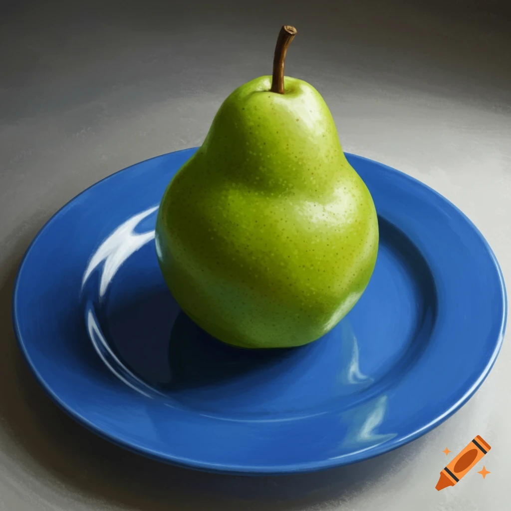 A photorealistic green pear sits on a shiny blue plate against a grey background.