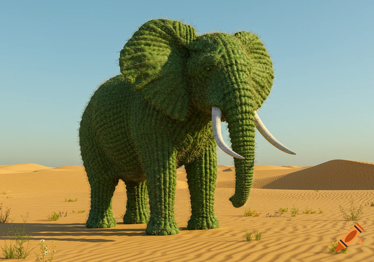 A photorealistic image of an elephant entirely made of green cactus standing in a vast sandy desert under a clear blue sky.
