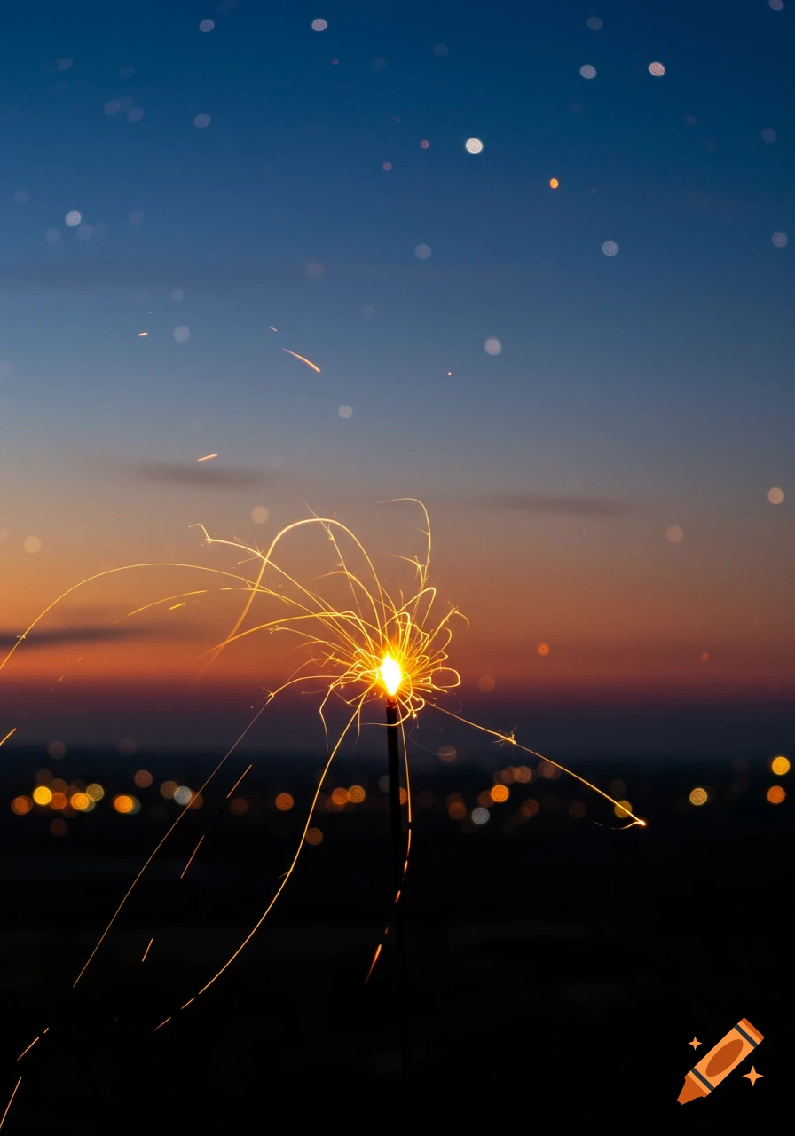 A sparkler burning brightly against a twilight sky with blurred city lights in the background.