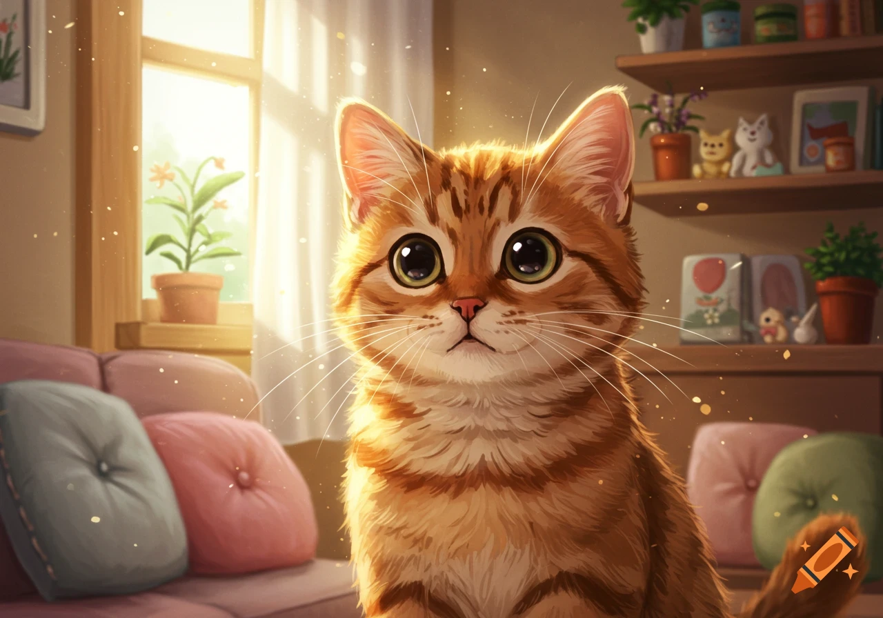 A cute orange tabby cat with large eyes looks forward while sitting in a sunlit room by a window, with shelves in the background.