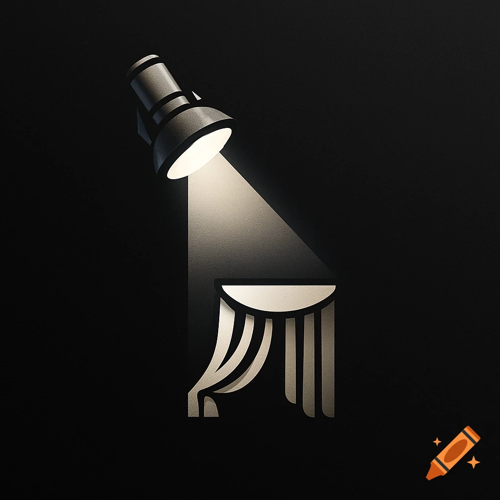 A stylized logo featuring a bright spotlight illuminating a theatre curtain on a dark background.