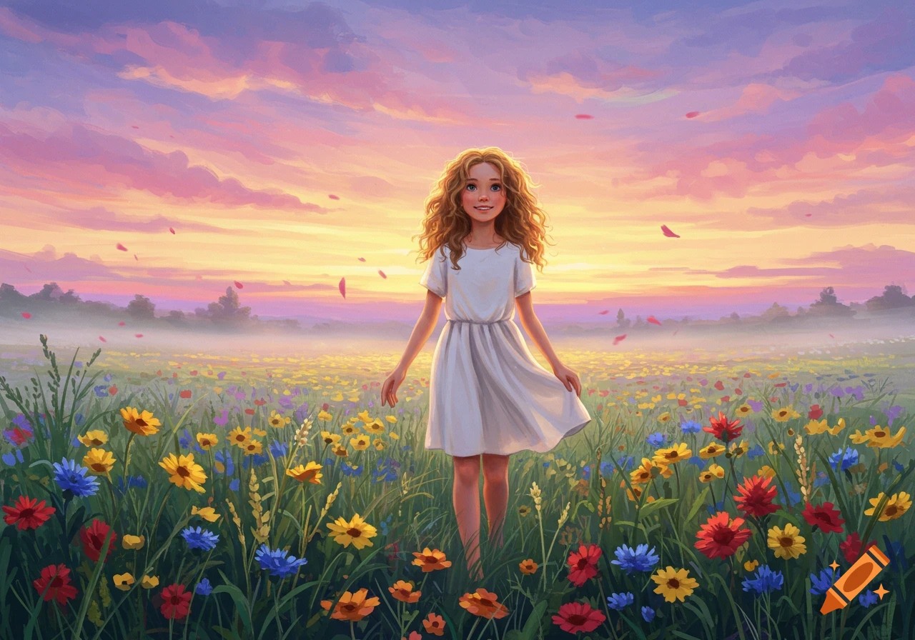 A young girl with curly hair stands smiling in a vibrant field of wildflowers under a colorful sunset sky, illustrated.