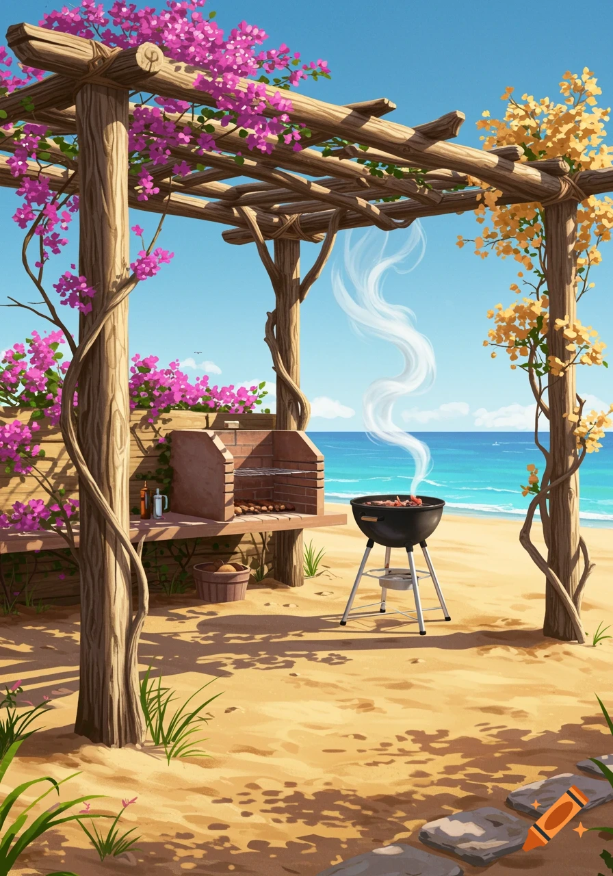A charcoal barbecue grill smokes under a wooden pergola with pink and yellow flowers on a sandy beach next to the ocean. An outdoor brick BBQ pit is nearby.