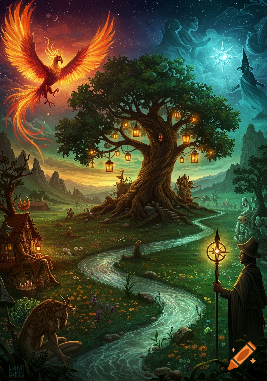 Vibrant fantasy landscape with a giant tree, glowing lanterns, a majestic phoenix, and a wizard holding a staff beside a winding river.