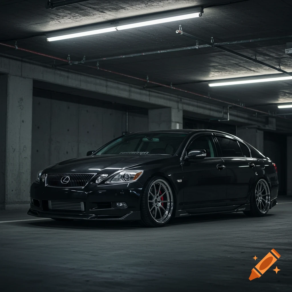 A black Lexus sedan with custom wheels and a body kit parked in a dimly lit concrete parking garage.