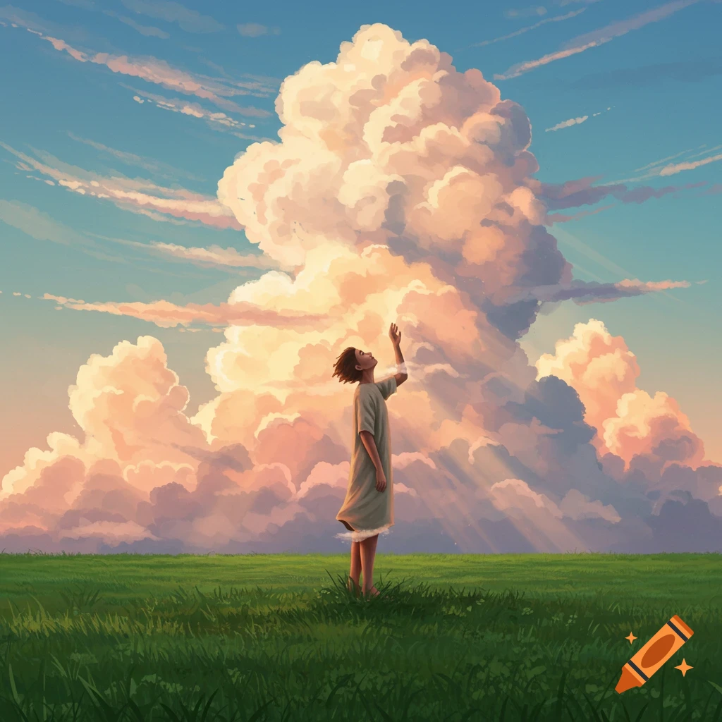 An illustrative image of a person standing in a green field looking up at a vast, dramatic cloud formation in a blue sky.