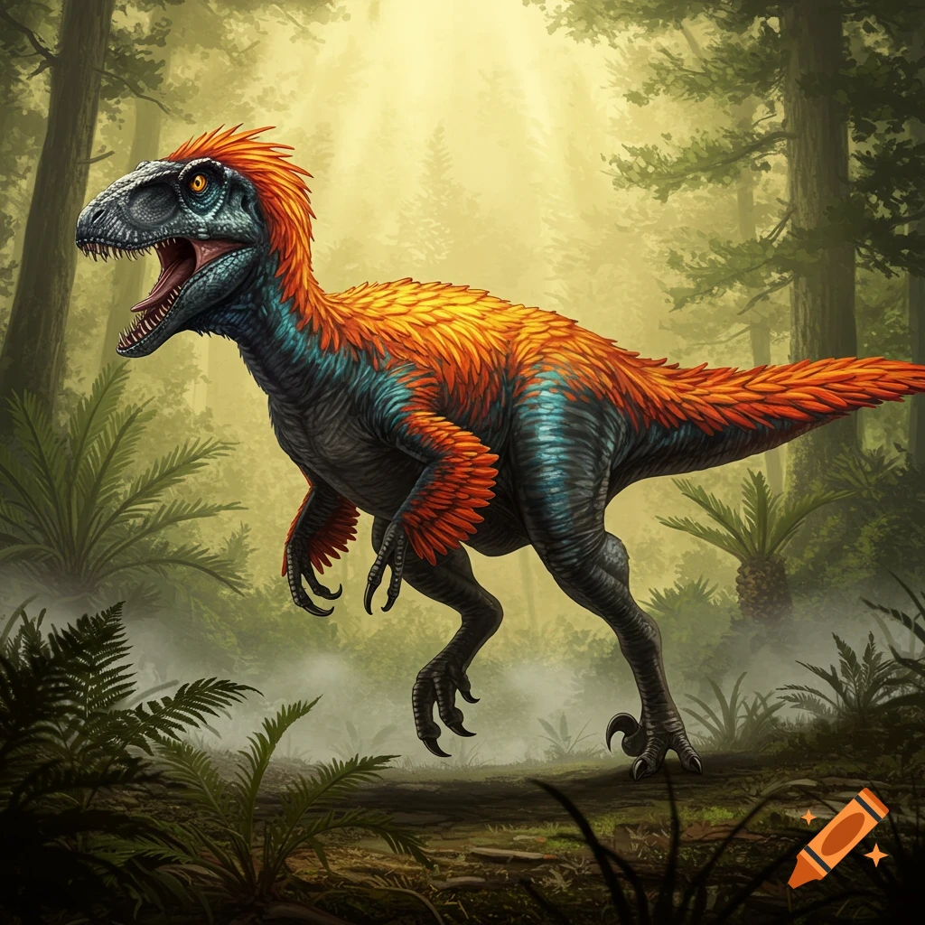A vibrant feathered dinosaur, a T-rex and raptor hybrid, walks through a misty prehistoric jungle.