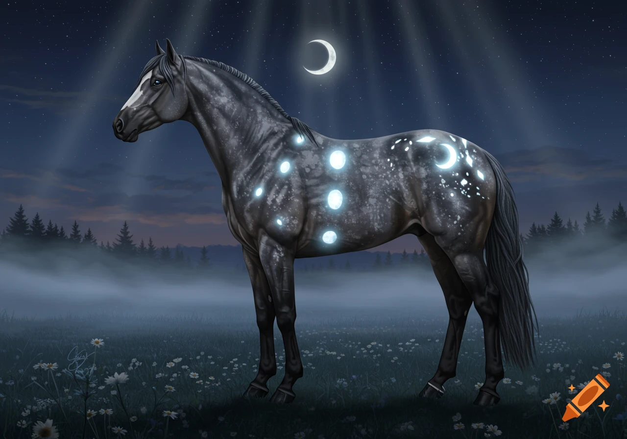 A blue roan horse with glowing moon markings stands in a misty field at night under a crescent moon.