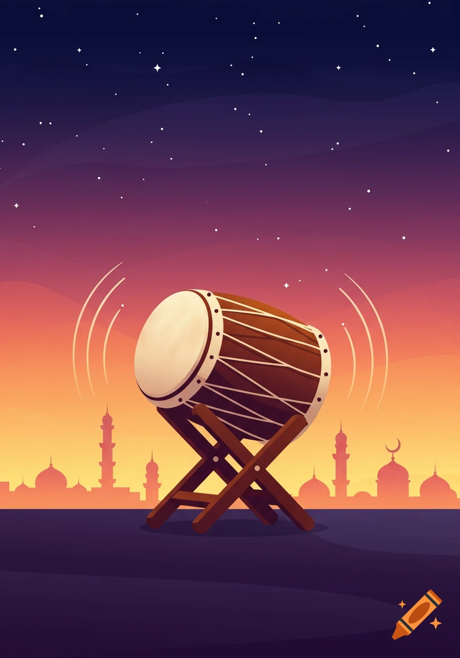 A large bedug drum on a stand against a gradient twilight sky with stars and mosque silhouettes on the horizon.