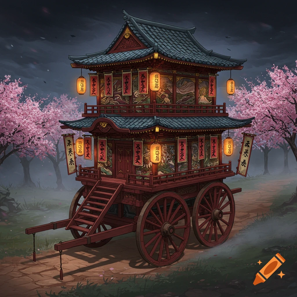 A two-story red Japanese-style wagon resembling a pagoda, with lanterns and banners, on a path flanked by pink cherry blossom trees under a dark sky.