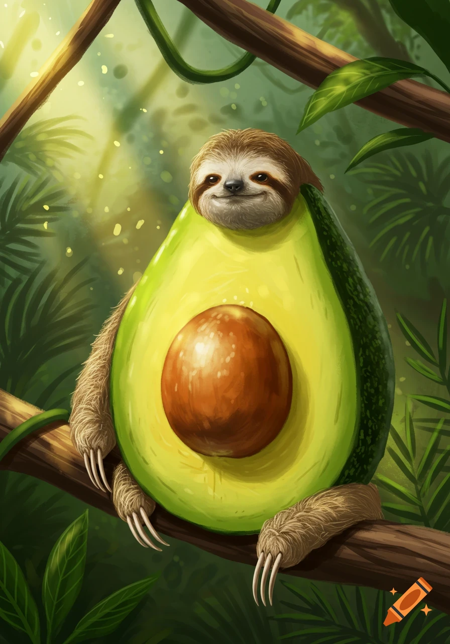 A cute, whimsical illustration of a sloth with an avocado body, featuring an avocado pit as its belly, sitting on a jungle branch.