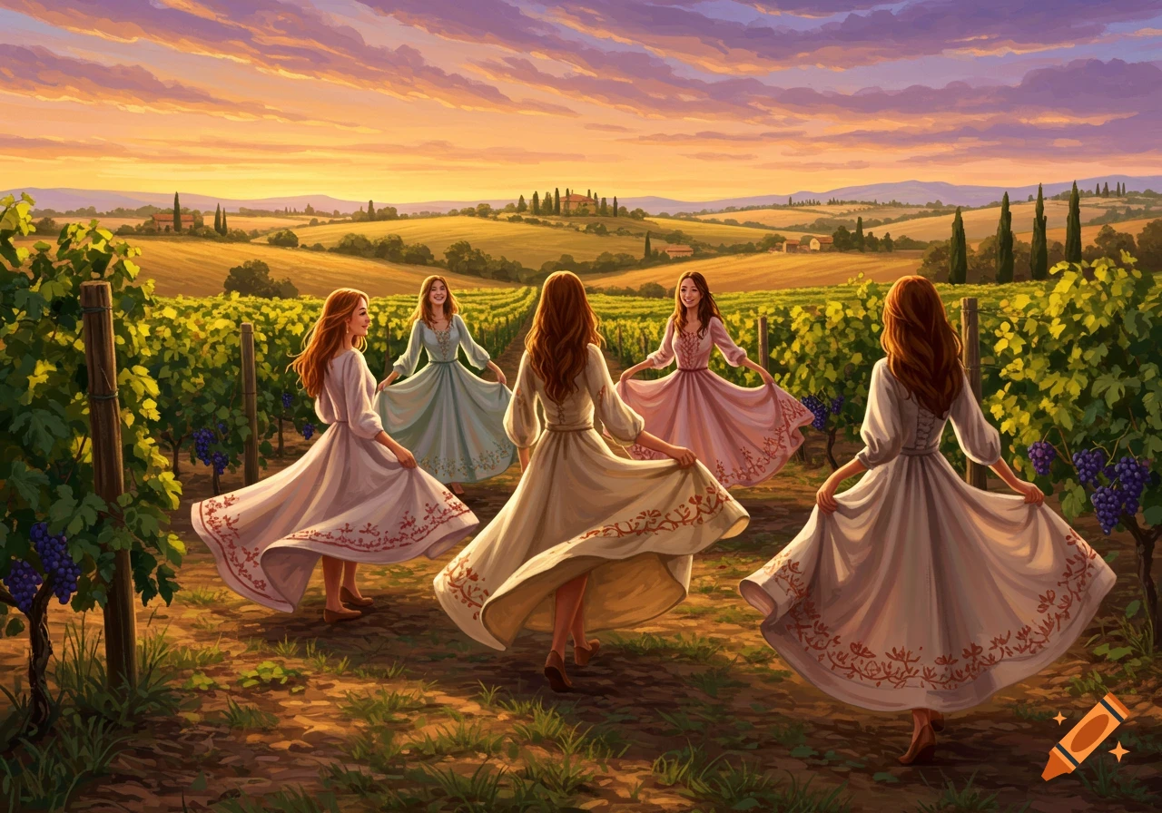 Five women in long dresses dancing in a vineyard at sunset, with rolling hills and a building in the distance, in a painterly style.